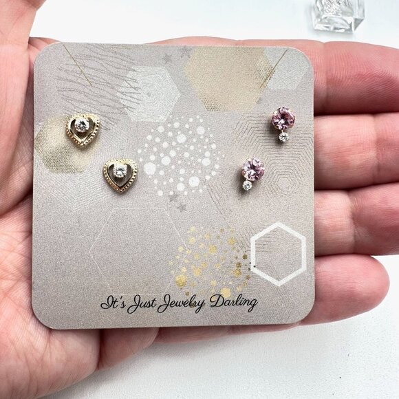 Estate 14K Yellow Gold Pink & Clear Cubic Zirconia Pierced Stud Earrings - Picture 2 of 2